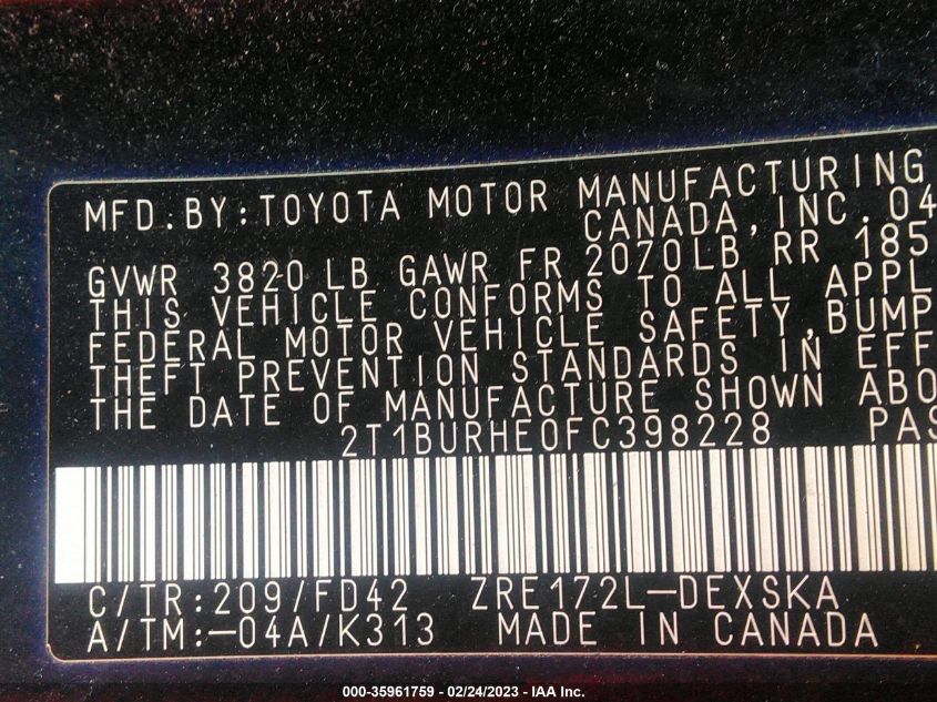 2015 TOYOTA COROLLA L/LE/S/S PLUS/LE PLUS - 2T1BURHE0FC398228