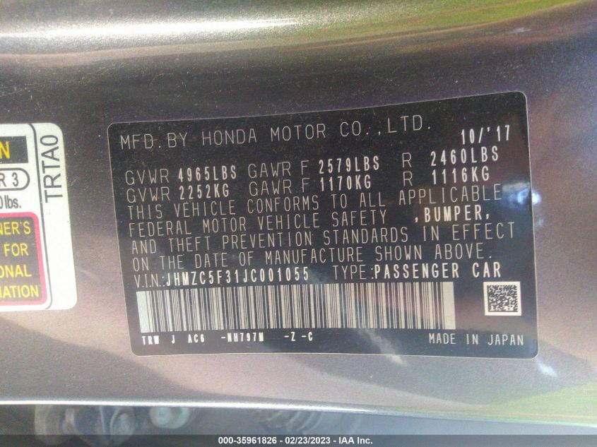 2018 HONDA CLARITY PLUG-IN HYBRID TOURING JHMZC5F31JC001055