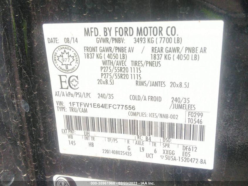 2014 FORD F-150 XLT/FX4/LARIAT/PLATINUM - 1FTFW1E64EFC77556
