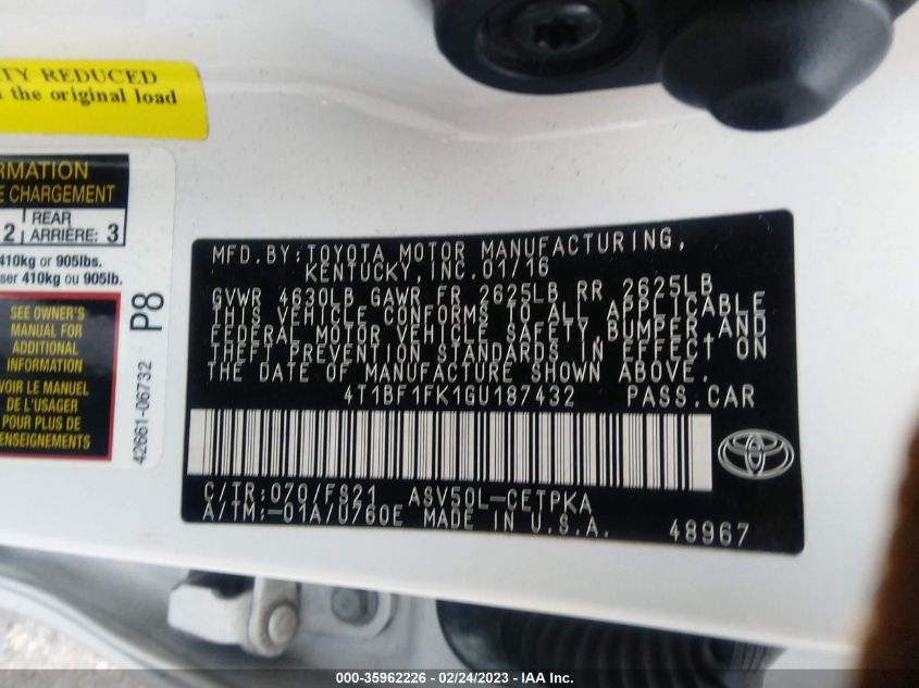 2016 TOYOTA CAMRY XLE/SE/LE/XSE - 4T1BF1FK1GU187432