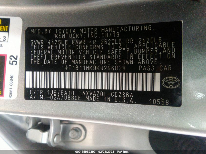 2019 TOYOTA CAMRY LE/SE/XLE/L - 4T1B11HK9KU296838