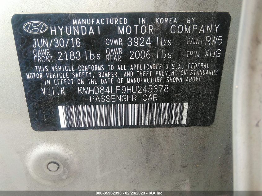 2017 HYUNDAI ELANTRA SE - KMHD84LF9HU245378