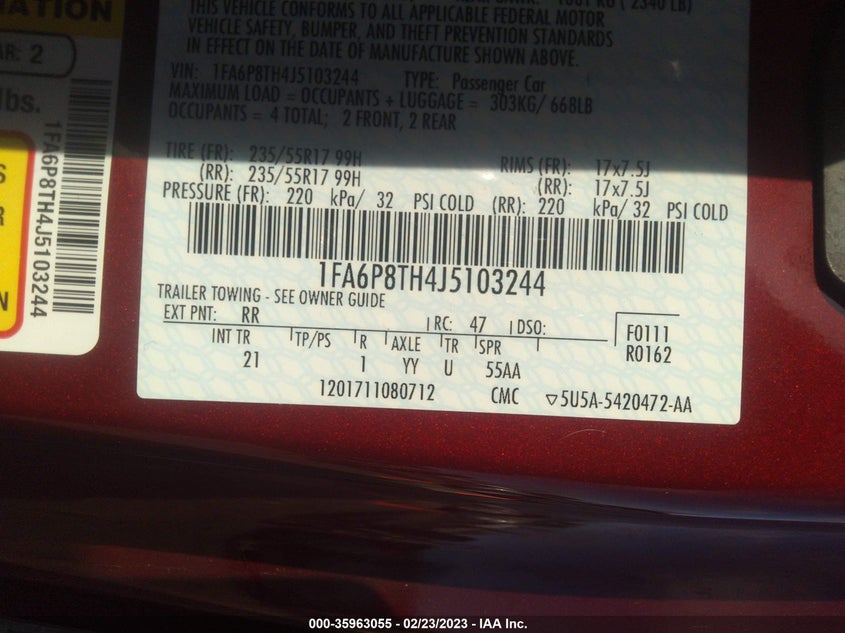 VIN 1FA6P8TH4J5103244 2018 FORD MUSTANG ECOBOOST