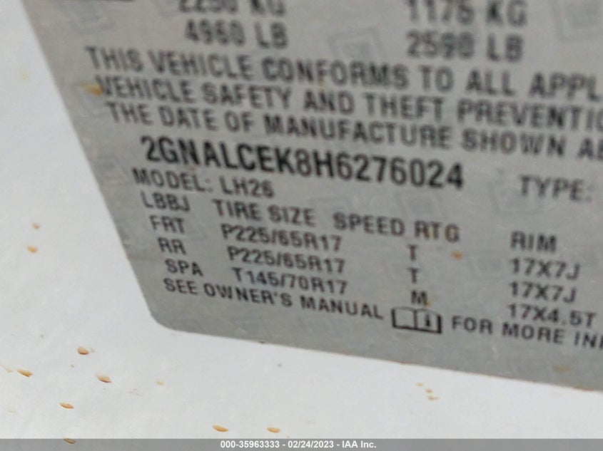 VIN 2GNALCEK8H6276024 2017 CHEVROLET EQUINOX LT