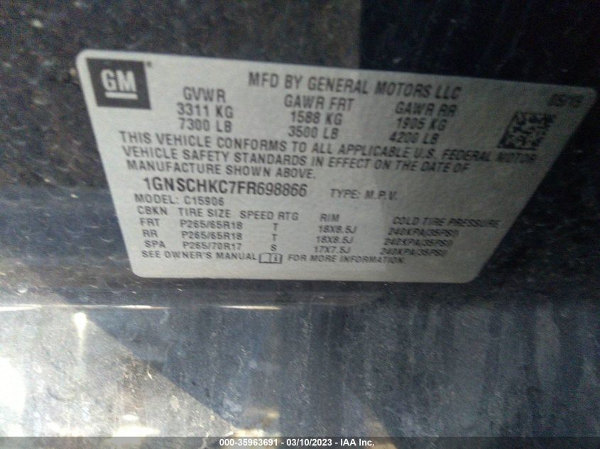 2015 CHEVROLET SUBURBAN LS - 1GNSCHKC7FR698866