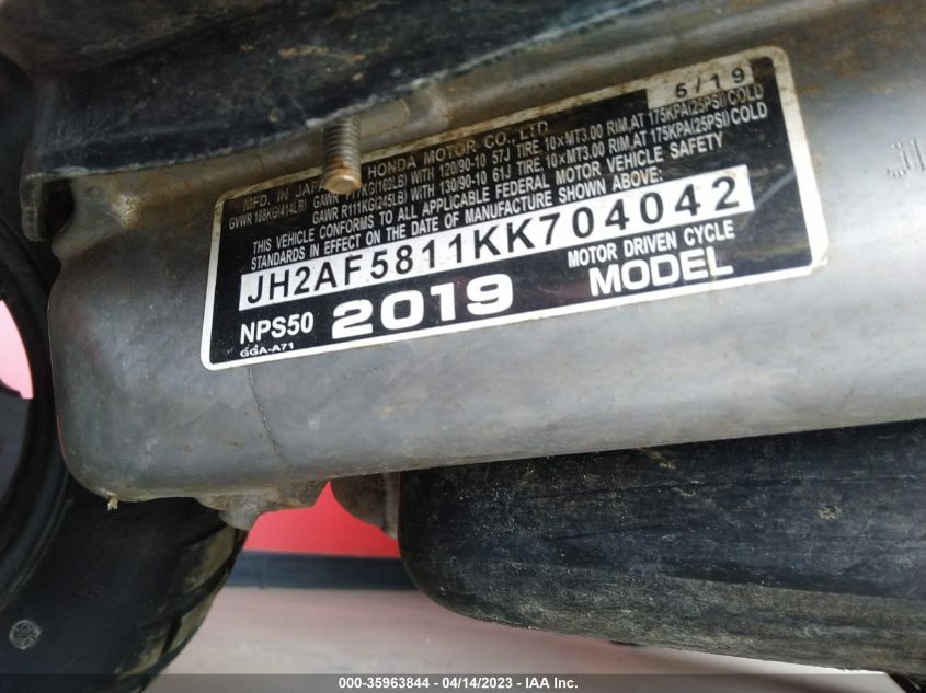 2019 HONDA NPS50 JH2AF5811KK704042