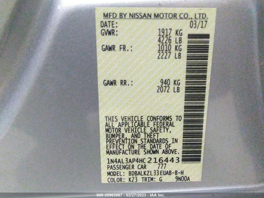 2017 NISSAN ALTIMA 2.5 SV - 1N4AL3AP4HC216443
