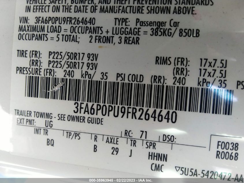 2015 FORD FUSION ENERGI SE LUXURY - 3FA6P0PU9FR264640