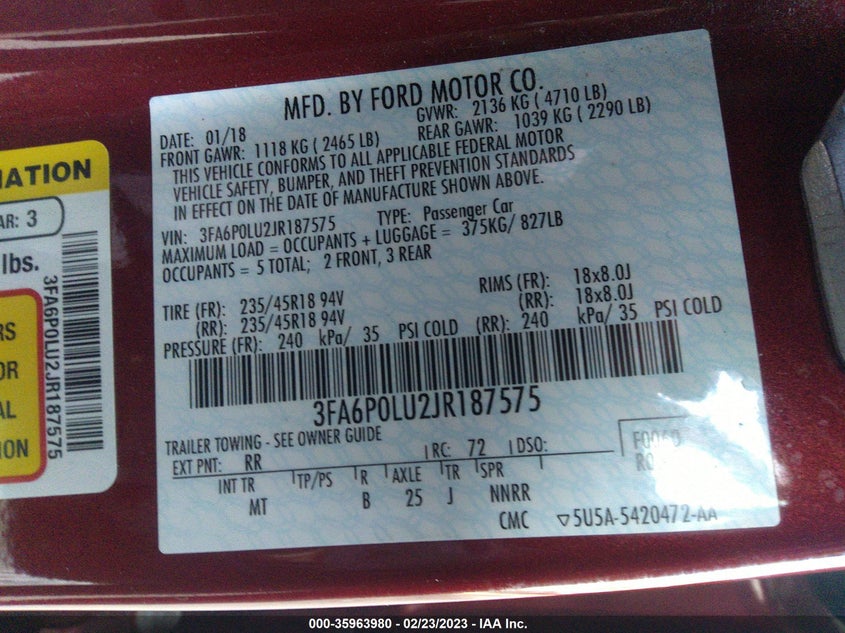 VIN 3FA6P0LU2JR187575 2018 FORD FUSION HYBRID SE