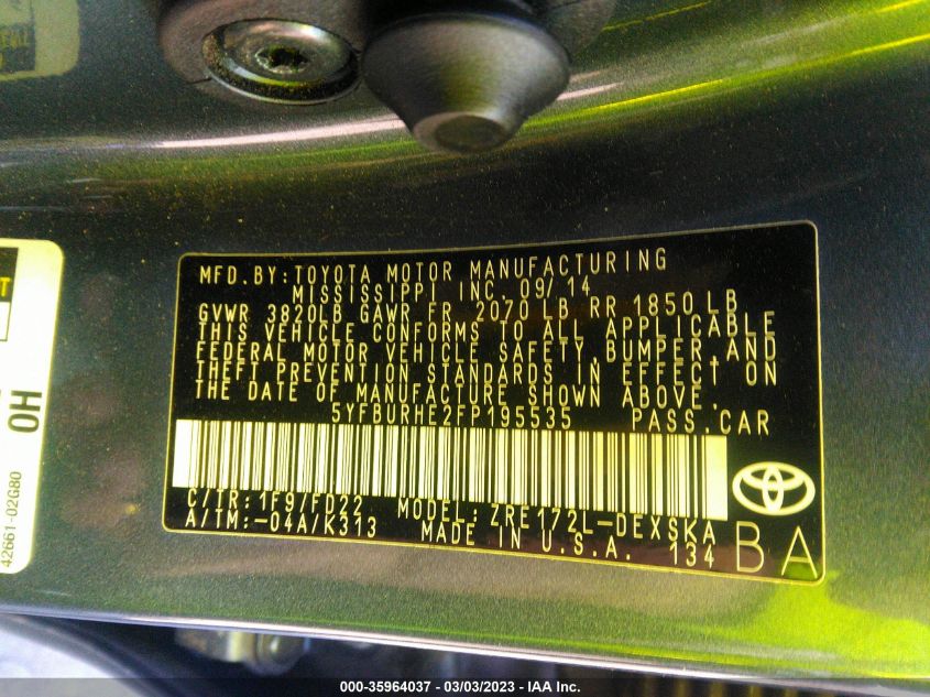 2015 TOYOTA COROLLA L/LE/S/S PLUS/LE PLUS - 5YFBURHE2FP195535