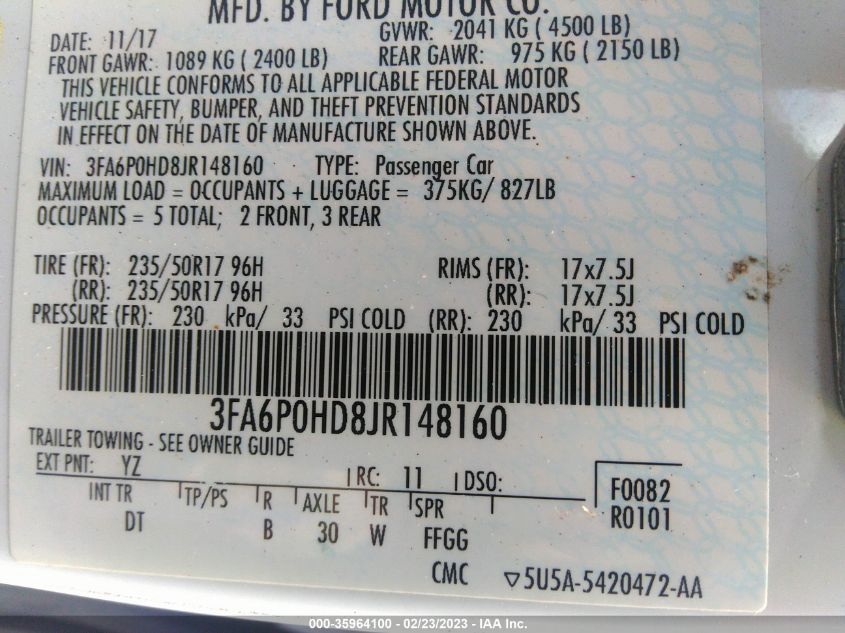 2018 FORD FUSION SE - 3FA6P0HD8JR148160