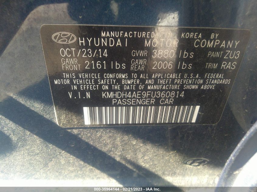 2015 HYUNDAI ELANTRA SE - KMHDH4AE9FU360814
