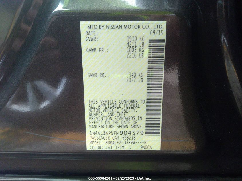 2015 NISSAN ALTIMA 2.5 S - 1N4AL3AP5FN904579
