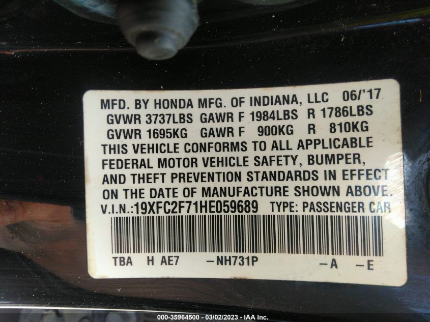 2017 HONDA CIVIC SEDAN EX - 19XFC2F71HE059689
