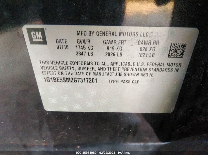 2016 CHEVROLET CRUZE LT - 1G1BE5SM2G7317201