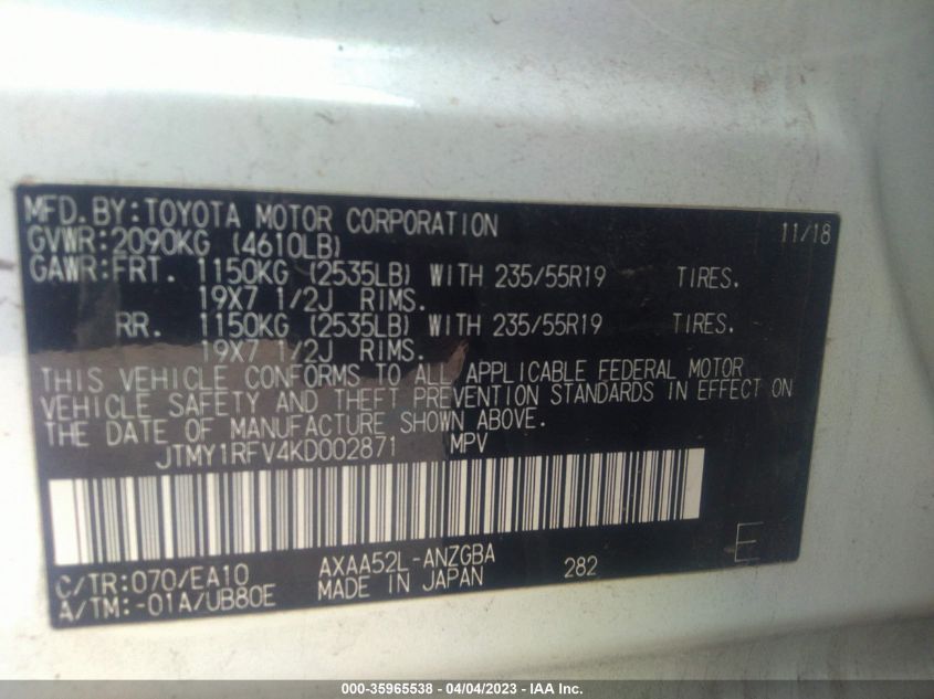 2019 TOYOTA RAV4 LIMITED - JTMY1RFV4KD002871