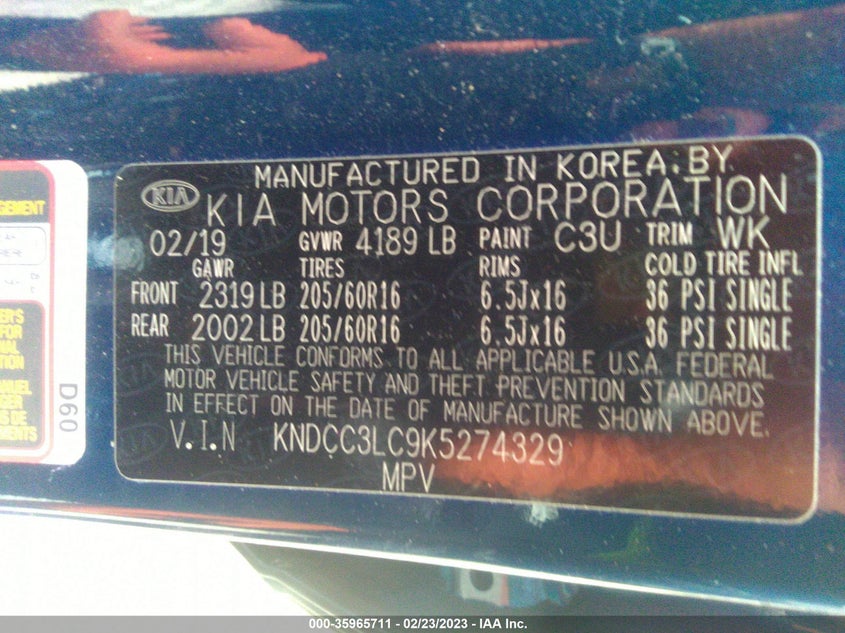 VIN KNDCC3LC9K5274329 2019 KIA NIRO EX