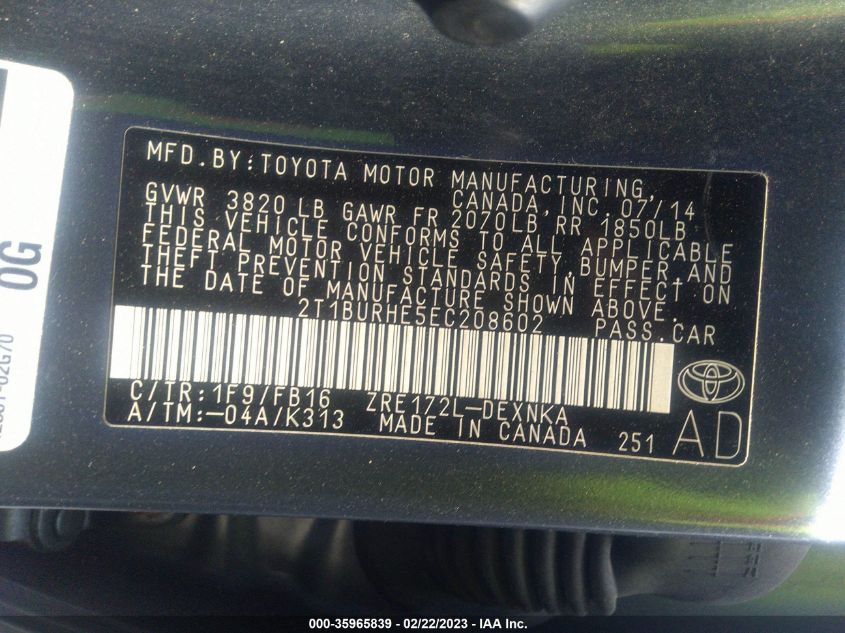 2014 TOYOTA COROLLA L/LE/S/S PLUS/LE PLUS - 2T1BURHE5EC208602
