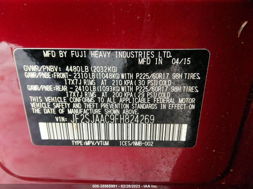 2015 SUBARU FORESTER 2.5I - JF2SJAAC9FH824269