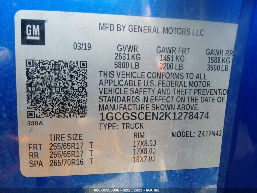 2019 CHEVROLET COLORADO 2WD LT - 1GCGSCEN2K1278474