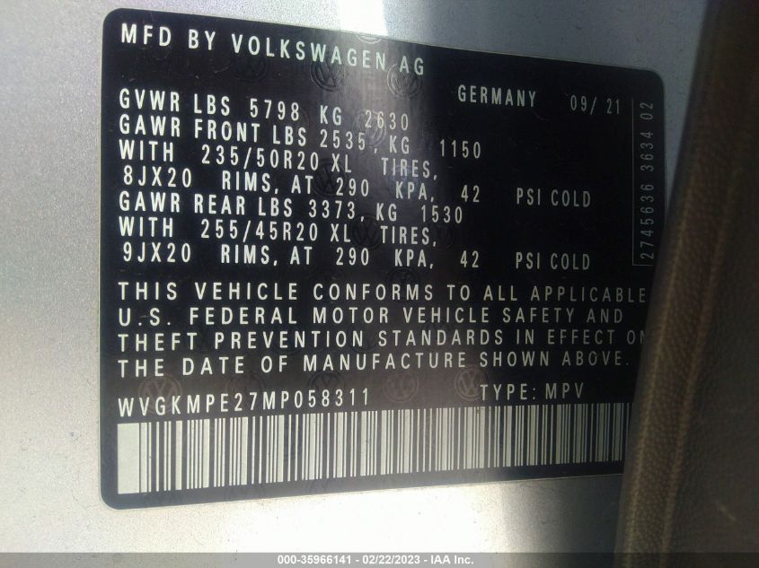 2021 VOLKSWAGEN ID.4 PRO S WVGKMPE27MP058311