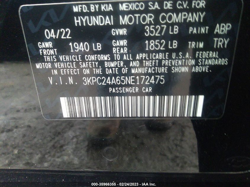 2022 HYUNDAI ACCENT SEL - 3KPC24A65NE172475