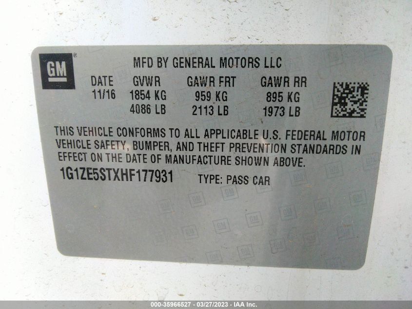 2017 CHEVROLET MALIBU LT - 1G1ZE5STXHF177931