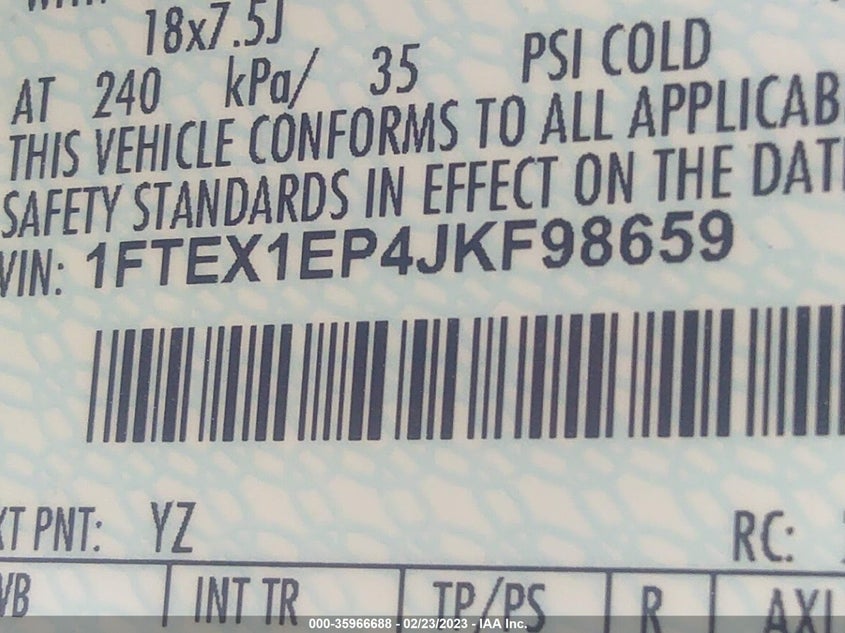 VIN 1FTEX1EP4JKF98659 2018 FORD F-150 XL/XLT/LARIAT