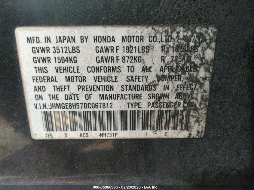 2013 HONDA FIT SPORT - JHMGE8H57DC067812