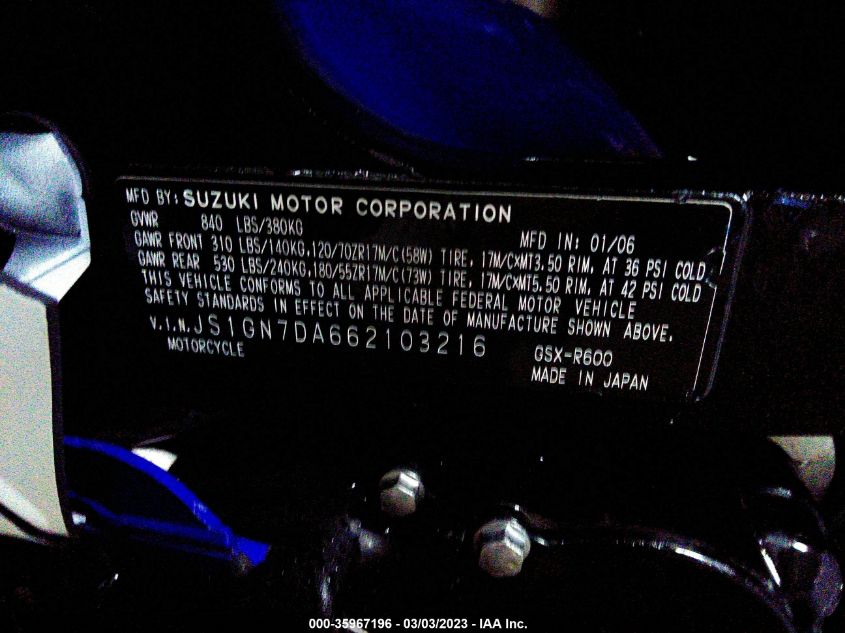 2006 SUZUKI GSX-R600 K6 - JS1GN7DA662103216