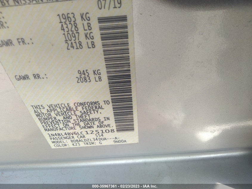 VIN 1N4BL4BV6LC125108 2020 NISSAN ALTIMA 2.5 S