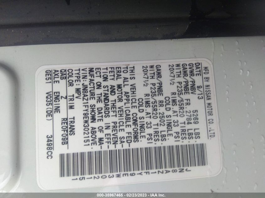 2014 NISSAN MURANO CROSSCABRIOLET JN8AZ1FY9EW302151