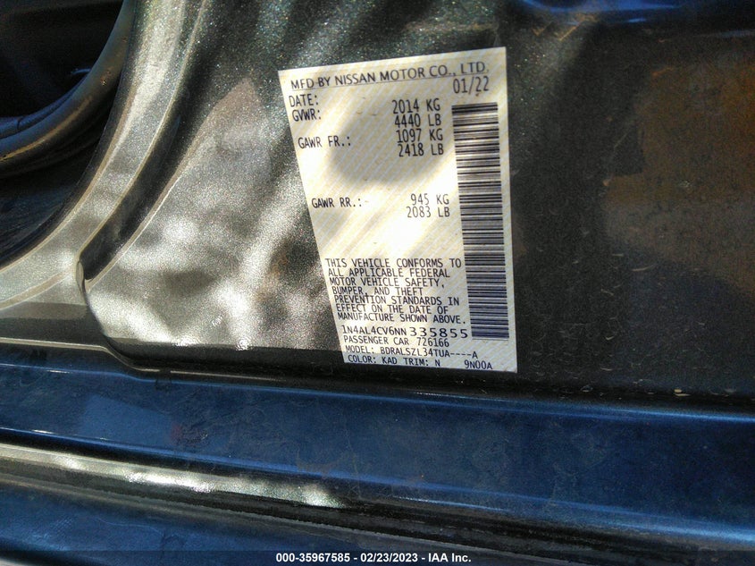 VIN 1N4AL4CV6NN335855 2022 NISSAN ALTIMA 2.0 SR
