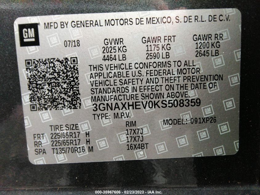 2019 CHEVROLET EQUINOX LS 3GNAXHEV0KF508359