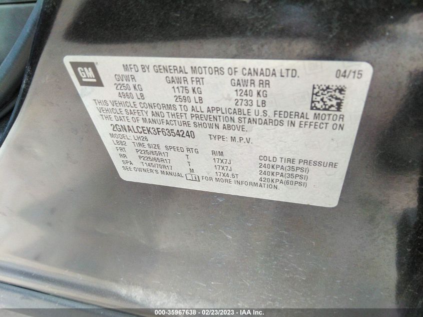 2015 CHEVROLET EQUINOX LT - 2GNALCEK3F6354240
