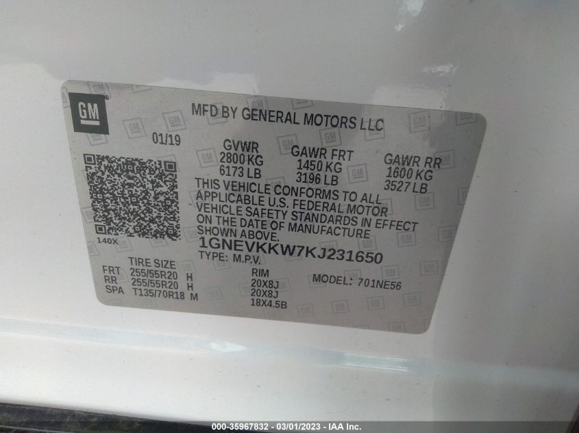 2019 CHEVROLET TRAVERSE PREMIER - 1GNEVKKW7KJ231650