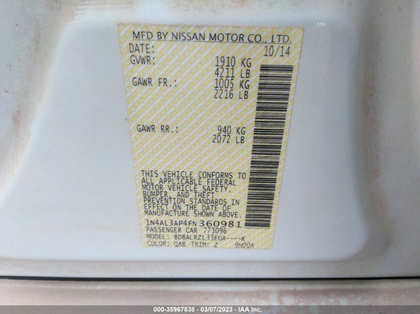 2015 NISSAN ALTIMA 2.5 SL - 1N4AL3AP4FN360981