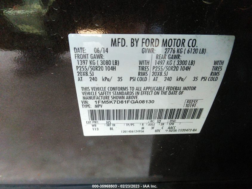 2015 FORD EXPLORER XLT - 1FM5K7D81FGA08130
