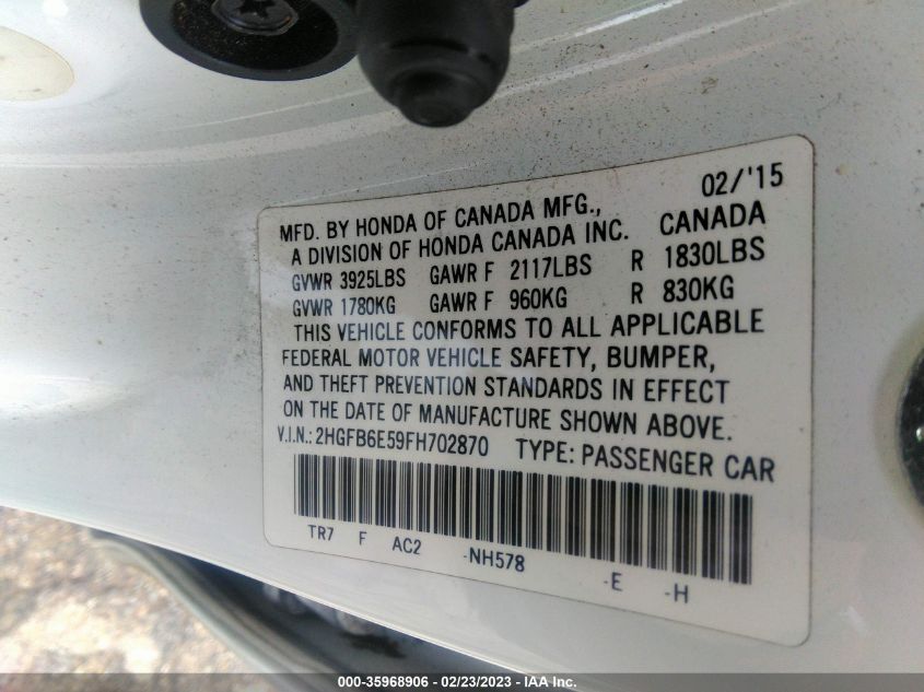 2015 HONDA CIVIC SEDAN SI - 2HGFB6E59FH702870