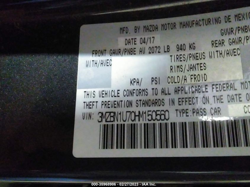 2017 MAZDA MAZDA3 4-DOOR SPORT 3MZBN1U70HM150560