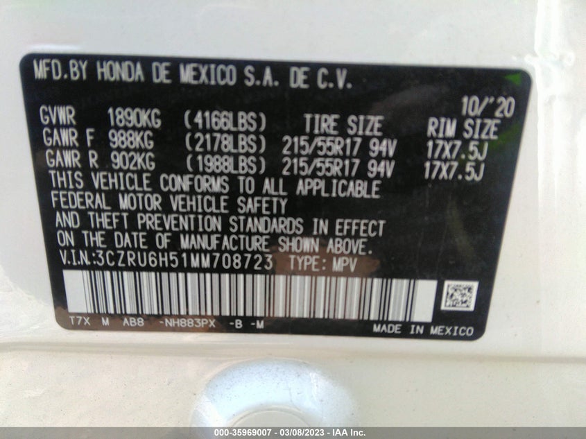 VIN 3CZRU6H51MM708723 2021 HONDA HR-V EX