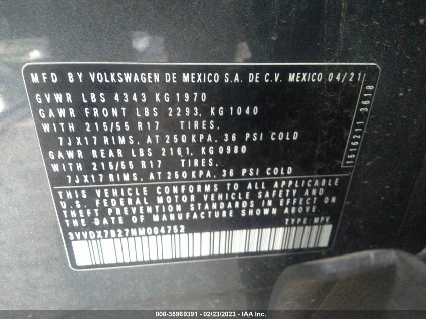 2022 VOLKSWAGEN TAOS S - 3VVDX7B27NM004752