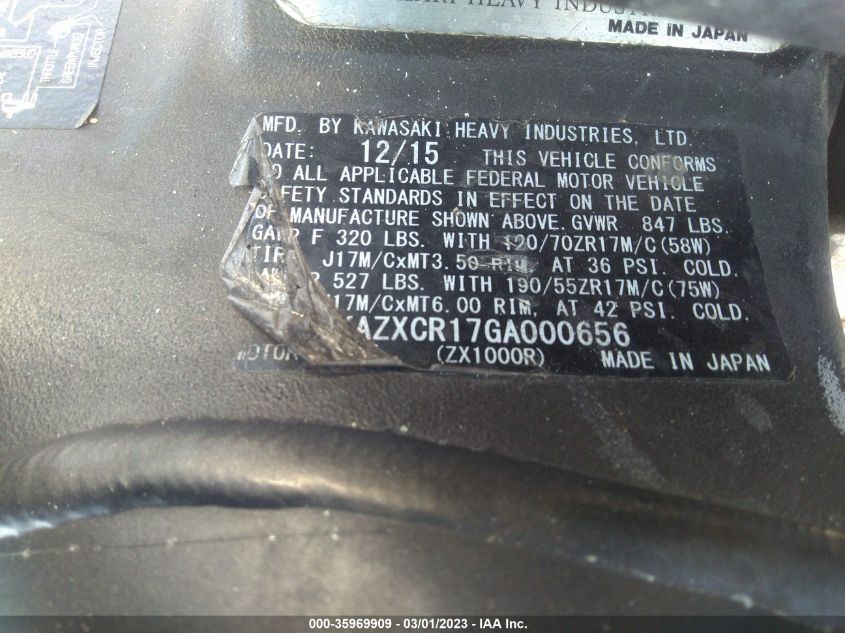 2016 KAWASAKI ZX1000 R JKAZXCR17GA000656