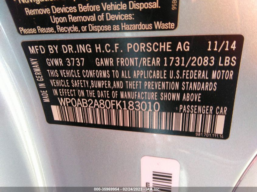 2015 PORSCHE CAYMAN S/GTS WP0AB2A80FK183010
