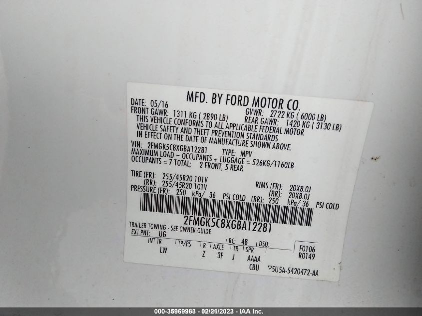 2016 FORD FLEX SEL 2FMGK5C8XGBA12281