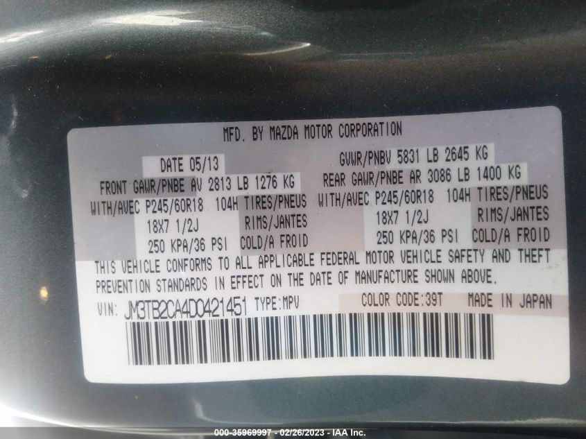 2013 MAZDA CX-9 TOURING - JM3TB2CA4D0421451
