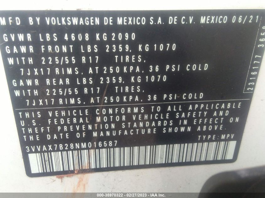 2022 VOLKSWAGEN TAOS S - 3VVAX7B28NM016587