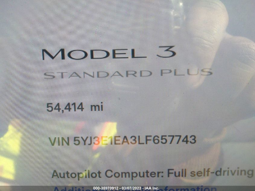 2020 TESLA MODEL 3 STANDARD RANGE - 5YJ3E1EA3LF657743