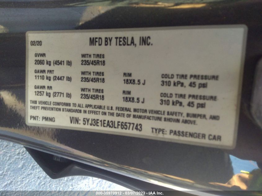 2020 TESLA MODEL 3 STANDARD RANGE - 5YJ3E1EA3LF657743