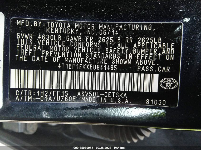 2014 TOYOTA CAMRY L/LE/XLE/SE/SE SPORT - 4T1BF1FKXEU841485
